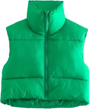Women Crop puffer Vest Coat Retro Short Cotton-Padded Clothes Stand Neck Zipper Casual Loose Party Warm Winter Coat