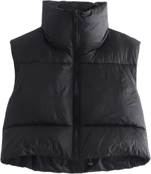 Women Crop puffer Vest Coat Retro Short Cotton-Padded Clothes Stand Neck Zipper Casual Loose Party Warm Winter Coat