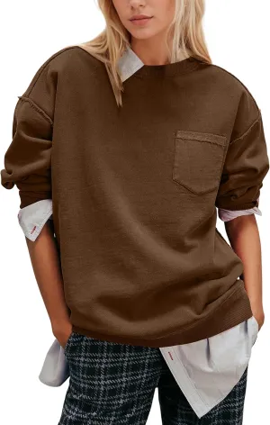 Women Exposed Seam Oversized Sweatshirt Crewneck Fleece Pullover Sweatshirt Casual Pullover Shirt Tops with Pocket