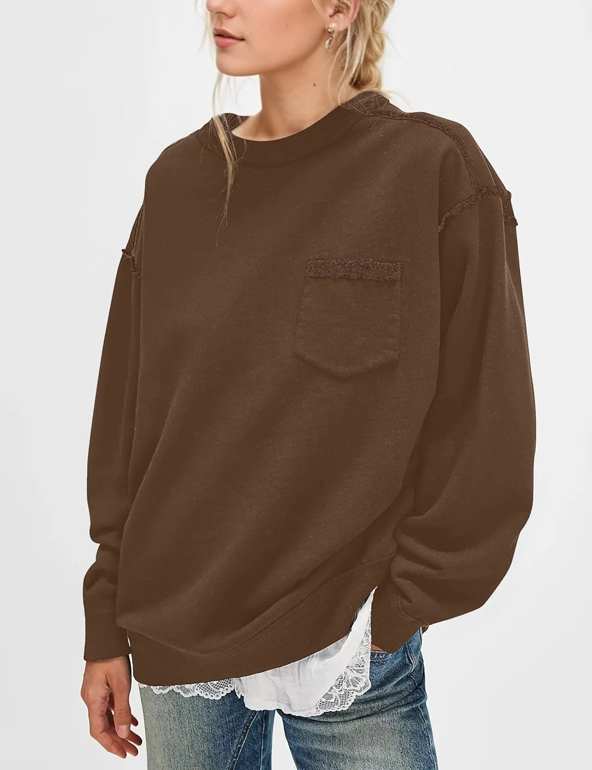 Women Exposed Seam Oversized Sweatshirt Crewneck Fleece Pullover Sweatshirt Casual Pullover Shirt Tops with Pocket