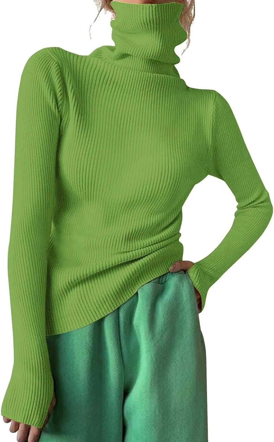 Women Turtleneck Sweaters Oversized Loose Fit Thumb Holes Sweater Trendy Warm Long Sleeve Ribbed Knit Pullover Jumper