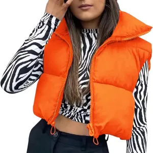 Women Y2k Cropped Waistcoat Vintage Short Cotton-Padded Coat Stand Neck Zipper Casual Winter Warm Jacket