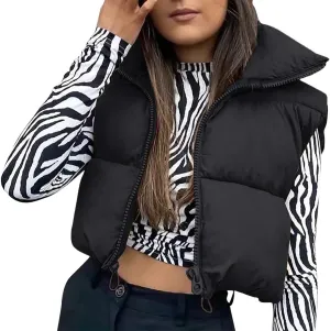 Women Y2k Cropped Waistcoat Vintage Short Cotton-Padded Coat Stand Neck Zipper Casual Winter Warm Jacket