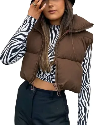 Women Y2k Cropped Waistcoat Vintage Short Cotton-Padded Coat Stand Neck Zipper Casual Winter Warm Jacket