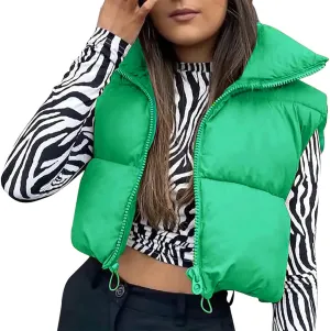Women Y2k Cropped Waistcoat Vintage Short Cotton-Padded Coat Stand Neck Zipper Casual Winter Warm Jacket
