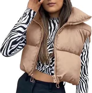 Women Y2k Cropped Waistcoat Vintage Short Cotton-Padded Coat Stand Neck Zipper Casual Winter Warm Jacket