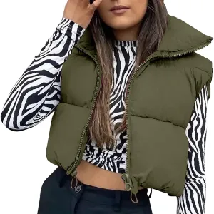 Women Y2k Cropped Waistcoat Vintage Short Cotton-Padded Coat Stand Neck Zipper Casual Winter Warm Jacket