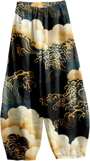 Womens Baggy Cotton Linen Blend Wide Leg Palazzo Pants Ladies Summer Casual Loose Hippie Lantern Trousers with Elastic Waist
