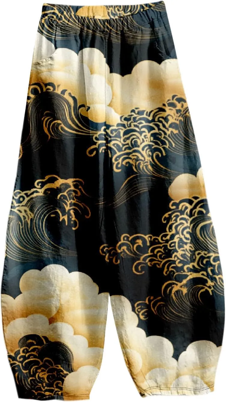 Womens Baggy Cotton Linen Blend Wide Leg Palazzo Pants Ladies Summer Casual Loose Hippie Lantern Trousers with Elastic Waist