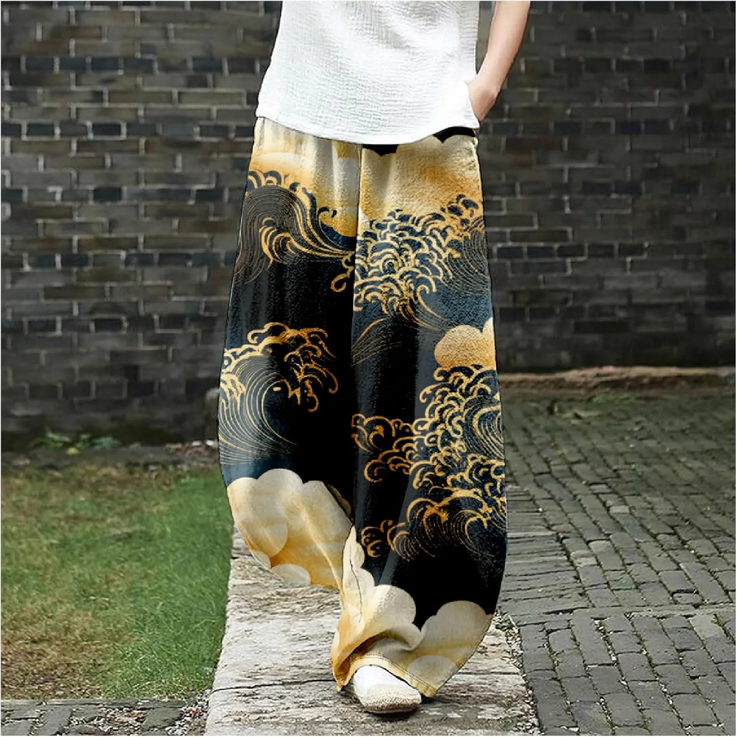 Womens Baggy Cotton Linen Blend Wide Leg Palazzo Pants Ladies Summer Casual Loose Hippie Lantern Trousers with Elastic Waist