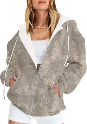 Womens Camo Zip Up Hoodie Long Sleeve Graphic Oversized Hooded Jackets Fleece Camouflage Hoodie with Pockets
