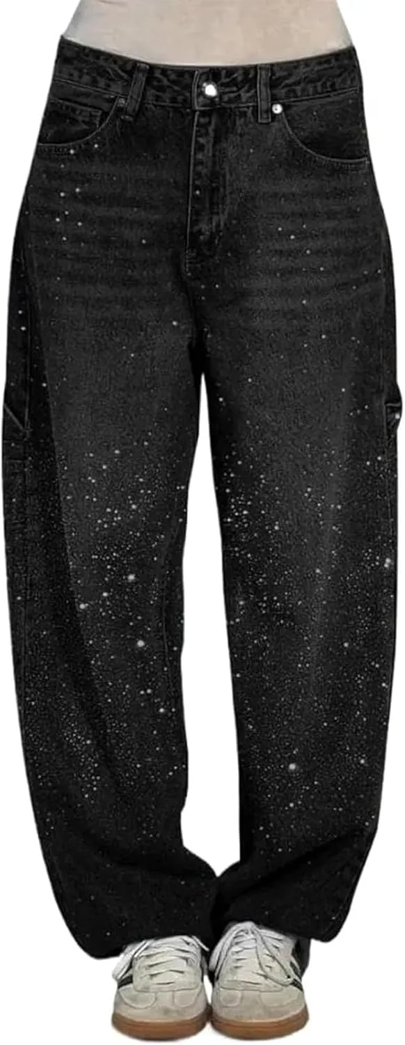 Women's Casual Rhinestone Loose Harem Jeans, High Waisted Rhinestone Jeans for Women, Wide Leg Bling Denim Pants