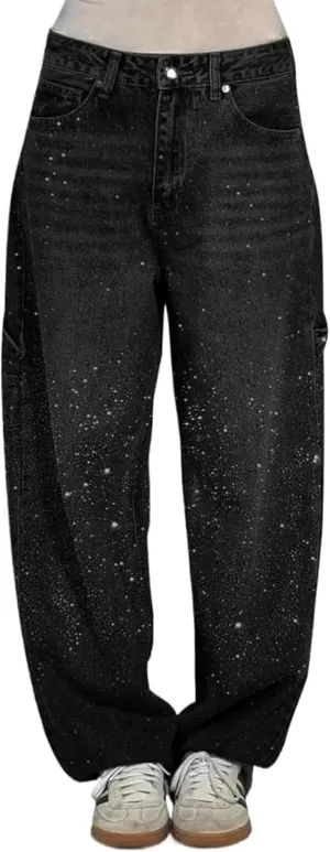 Women's Casual Rhinestone Loose Harem Jeans, High Waisted Rhinestone Jeans for Women, Wide Leg Bling Denim Pants