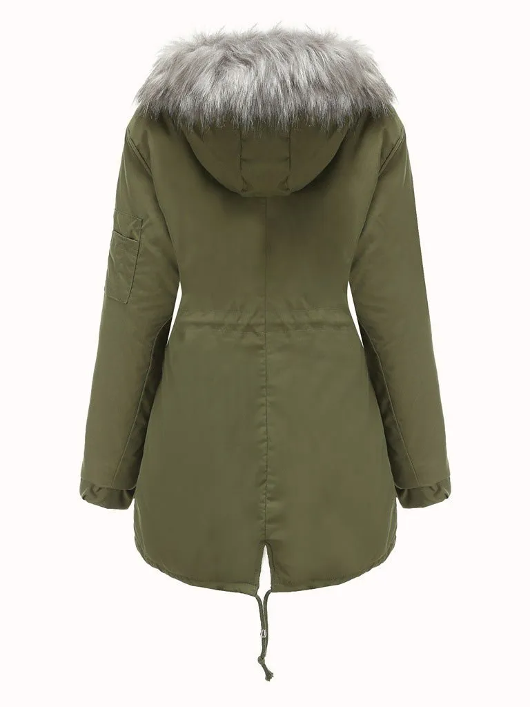 Women's Coats Zip Pockets Fleece Thermal Hooded Coat