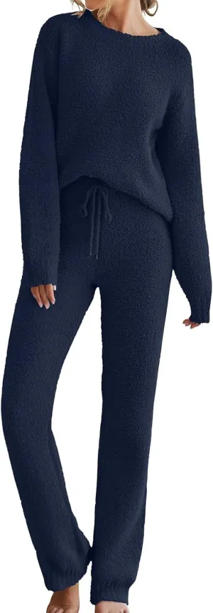 Womens Fuzzy 2 Piece Loungewear Cozy Everyday Sleep Skin Friendly Fleece Pajama Set Long Sleeve Thermal Lounge Outfit