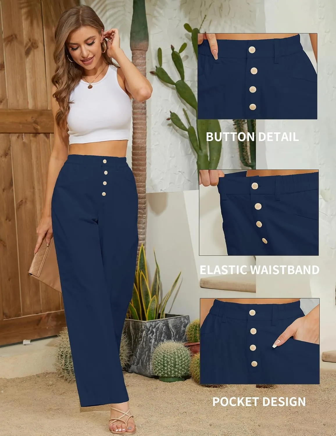 Women's High Waist Pants Wide Leg Baggy Casual Button Down Loose Comfy Lounge Trousers with Pockets