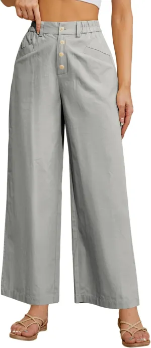 Women's High Waist Pants Wide Leg Baggy Casual Button Down Loose Comfy Lounge Trousers with Pockets