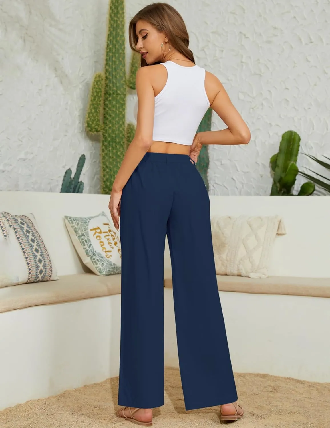 Women's High Waist Pants Wide Leg Baggy Casual Button Down Loose Comfy Lounge Trousers with Pockets