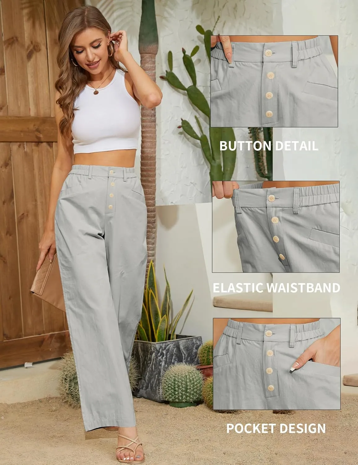 Women's High Waist Pants Wide Leg Baggy Casual Button Down Loose Comfy Lounge Trousers with Pockets