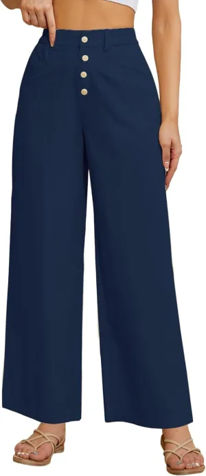 Women's High Waist Pants Wide Leg Baggy Casual Button Down Loose Comfy Lounge Trousers with Pockets