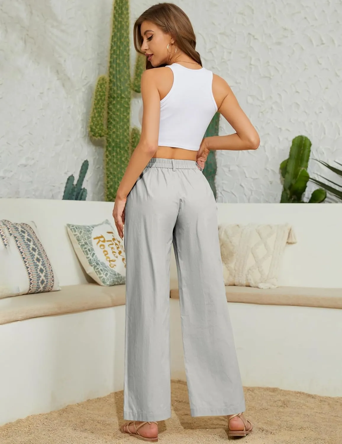 Women's High Waist Pants Wide Leg Baggy Casual Button Down Loose Comfy Lounge Trousers with Pockets