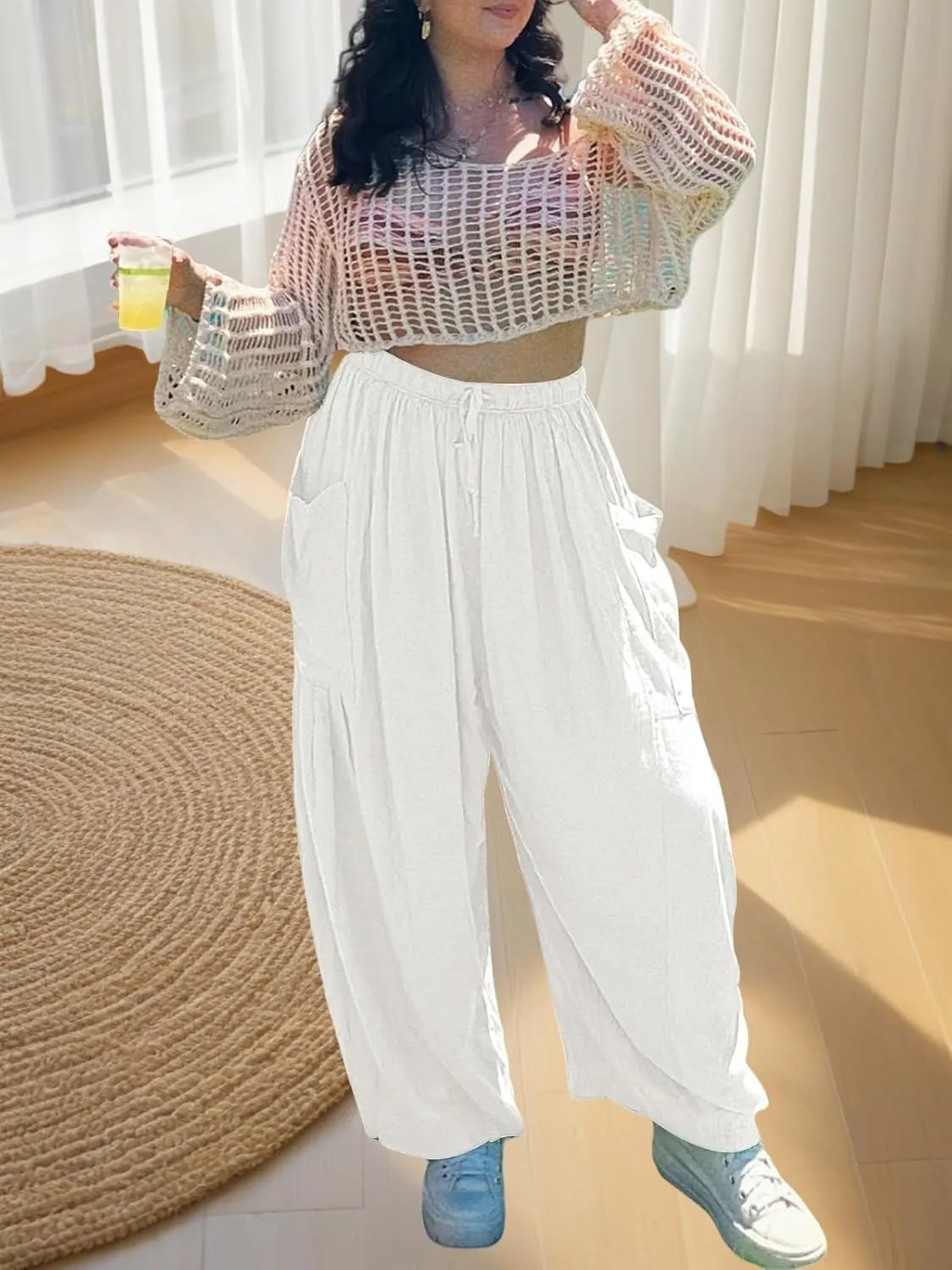 Women's Linen Wide Leg Pants with Pockets,Casual Loose Drawstring Summer Beach Travel Vacation Palazzo Harem