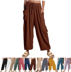 Women's Linen Wide Leg Pants with Pockets,Casual Loose Drawstring Summer Beach Travel Vacation Palazzo Harem