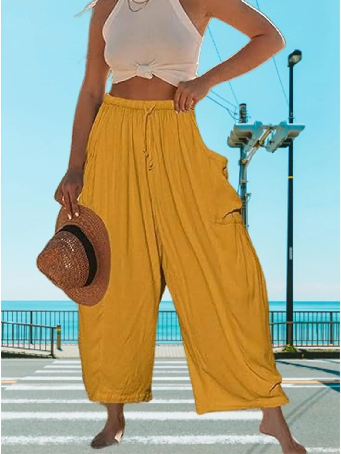 Women's Linen Wide Leg Pants with Pockets,Casual Loose Drawstring Summer Beach Travel Vacation Palazzo Harem