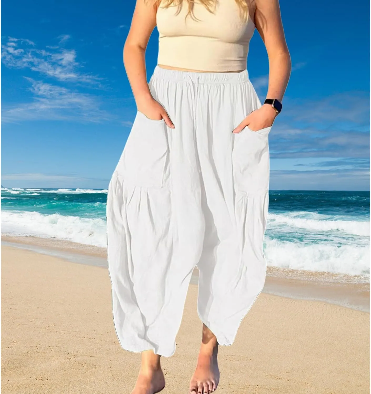 Women's Linen Wide Leg Pants with Pockets,Casual Loose Drawstring Summer Beach Travel Vacation Palazzo Harem