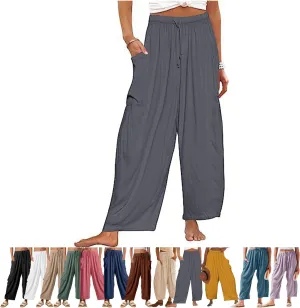 Women's Linen Wide Leg Pants with Pockets,Casual Loose Drawstring Summer Beach Travel Vacation Palazzo Harem
