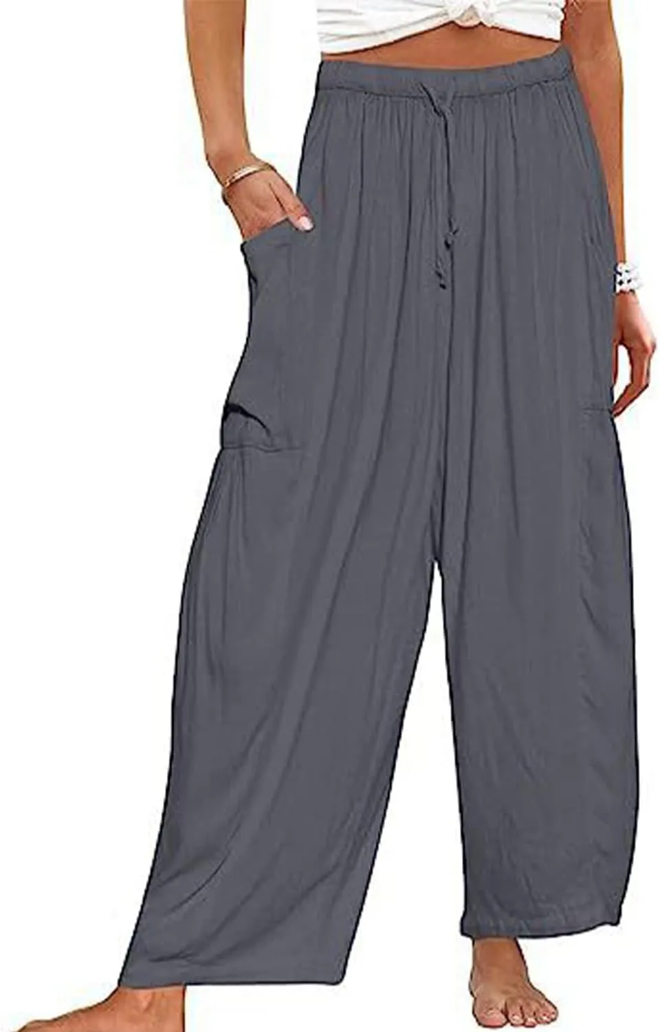 Women's Linen Wide Leg Pants with Pockets,Casual Loose Drawstring Summer Beach Travel Vacation Palazzo Harem