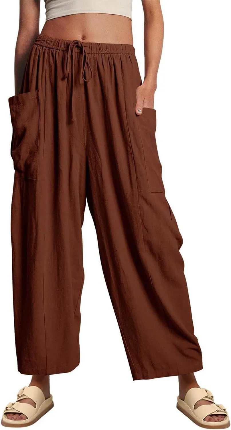 Women's Linen Wide Leg Pants with Pockets,Casual Loose Drawstring Summer Beach Travel Vacation Palazzo Harem