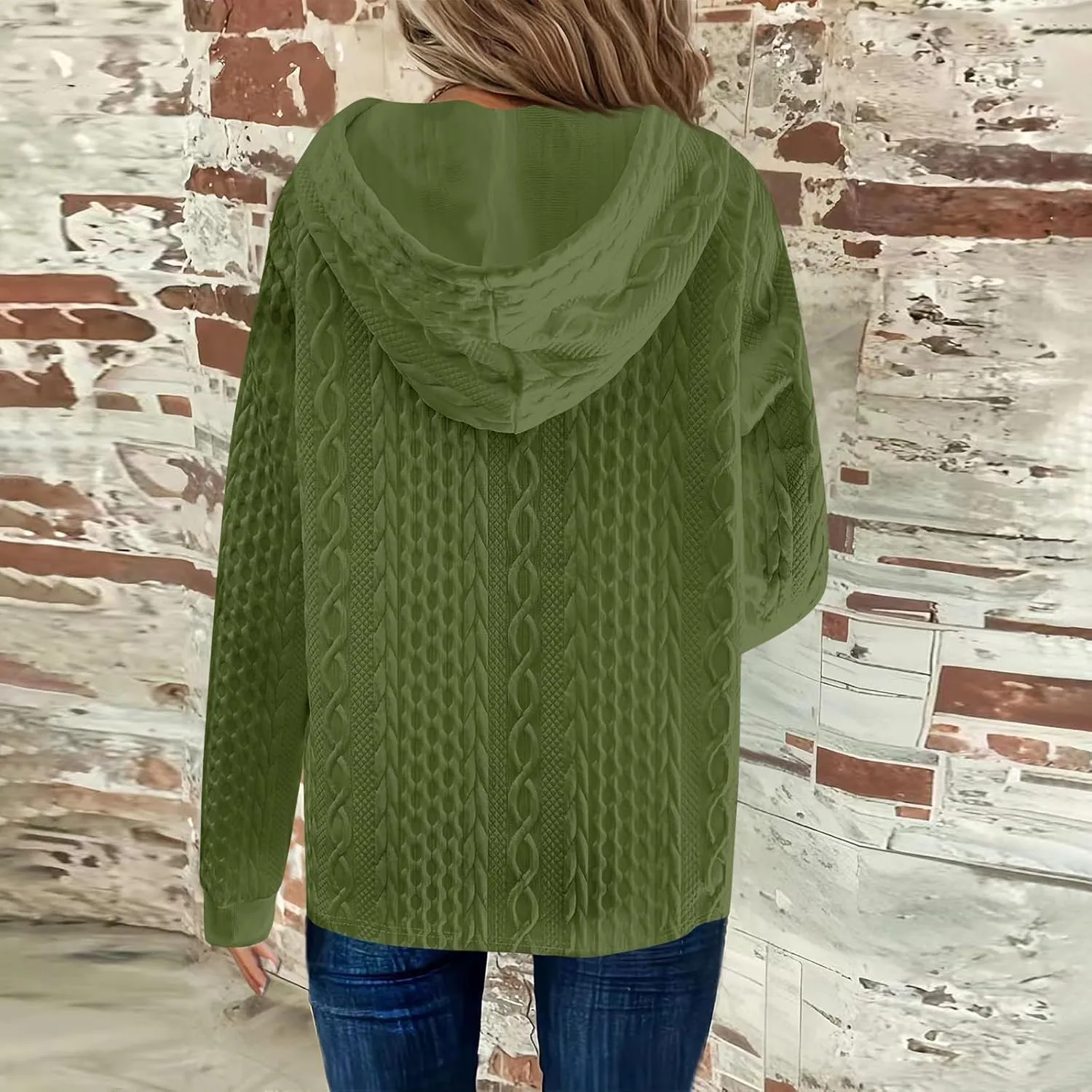 Women's Long Sleeve Hooded Trendy Drawstring Sweatshirt 2024 Button Loose V-Neck Top Comfy Slim Clothes