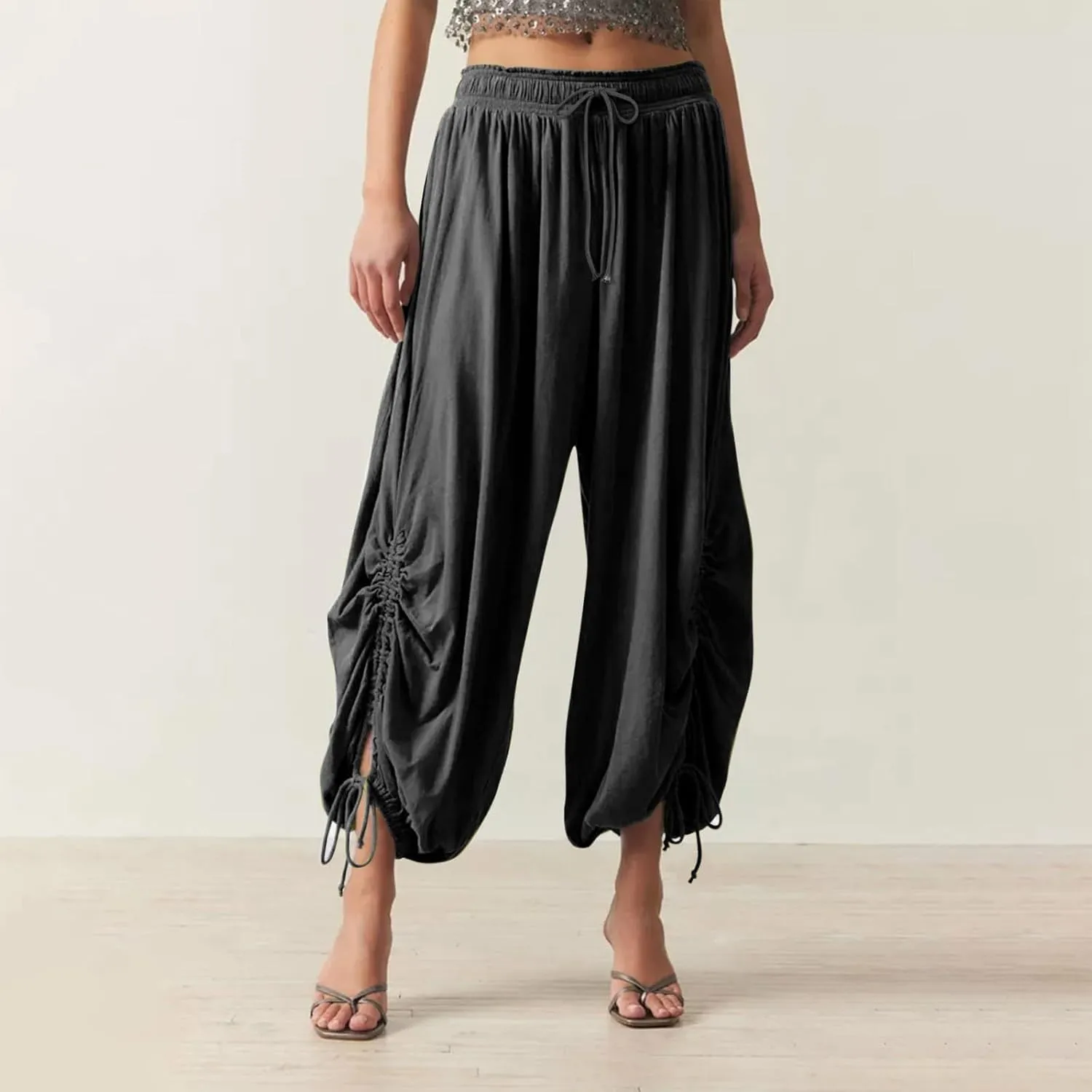 Womens Loose Wide Leg Pants Drawstring Split Hem Palazzo Pants Elastic High Waist Cropped Pants Pleated Trousers