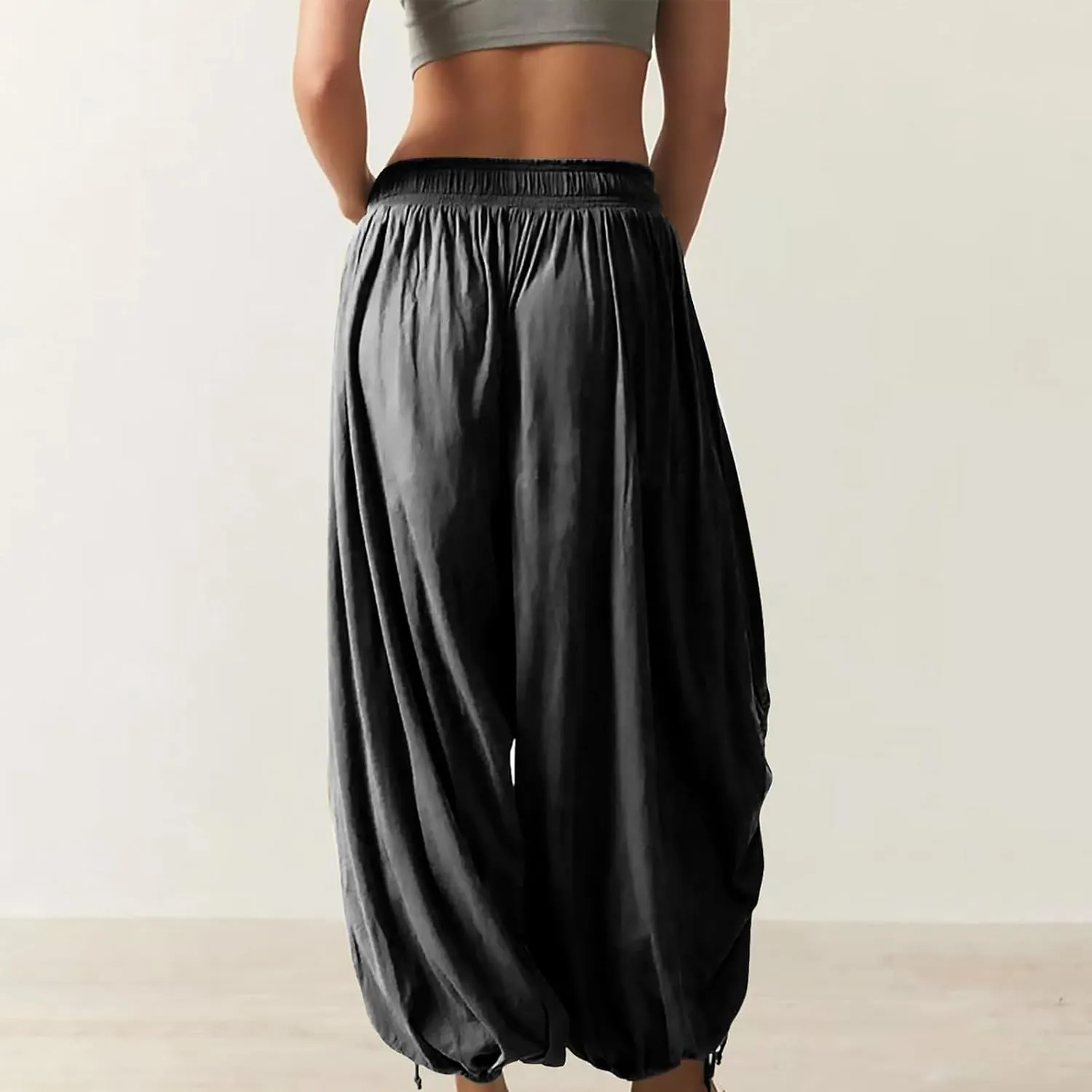 Womens Loose Wide Leg Pants Drawstring Split Hem Palazzo Pants Elastic High Waist Cropped Pants Pleated Trousers