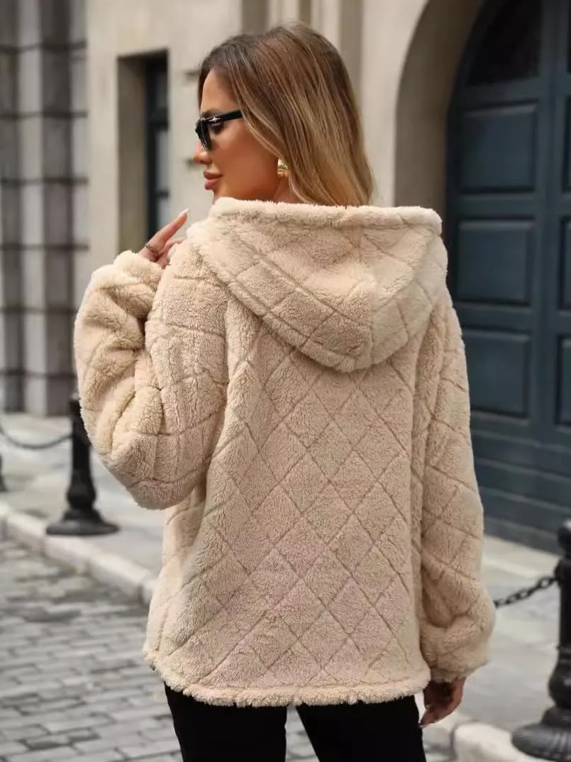 Womens Oversized Fleece Hoodies Fashion Fuzzy Warm Sherpa Pullover Tops Half Zip Hooded Sweatshirt with Pockets