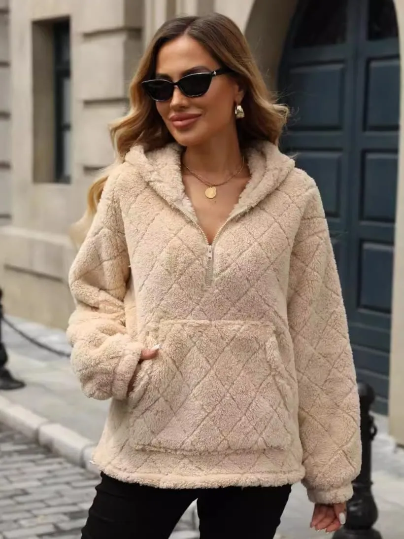 Womens Oversized Fleece Hoodies Fashion Fuzzy Warm Sherpa Pullover Tops Half Zip Hooded Sweatshirt with Pockets
