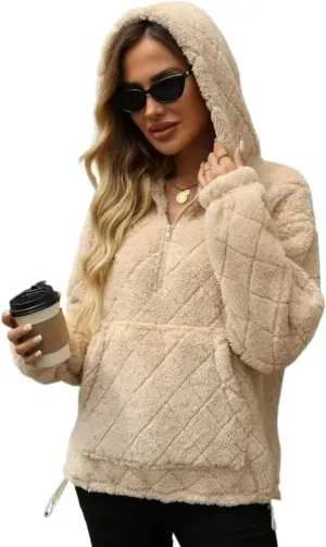 Womens Oversized Fleece Hoodies Fashion Fuzzy Warm Sherpa Pullover Tops Half Zip Hooded Sweatshirt with Pockets