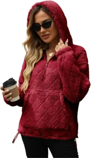 Womens Oversized Fleece Hoodies Fashion Fuzzy Warm Sherpa Pullover Tops Half Zip Hooded Sweatshirt with Pockets