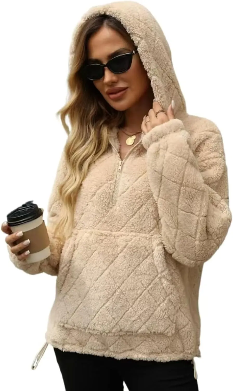 Womens Oversized Fleece Hoodies Fashion Fuzzy Warm Sherpa Pullover Tops Half Zip Hooded Sweatshirt with Pockets