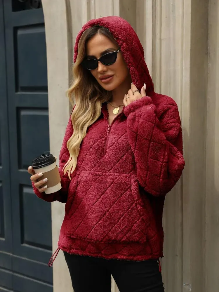 Womens Oversized Fleece Hoodies Fashion Fuzzy Warm Sherpa Pullover Tops Half Zip Hooded Sweatshirt with Pockets