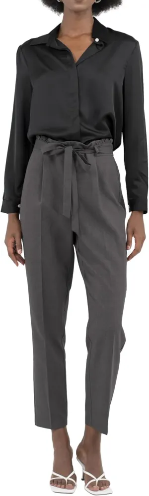 Womens Pants Straight Leg Trousers Cropped High Rise Tie Waist Elastic Slim Fit Work Slacks Office Casual Summer Fall