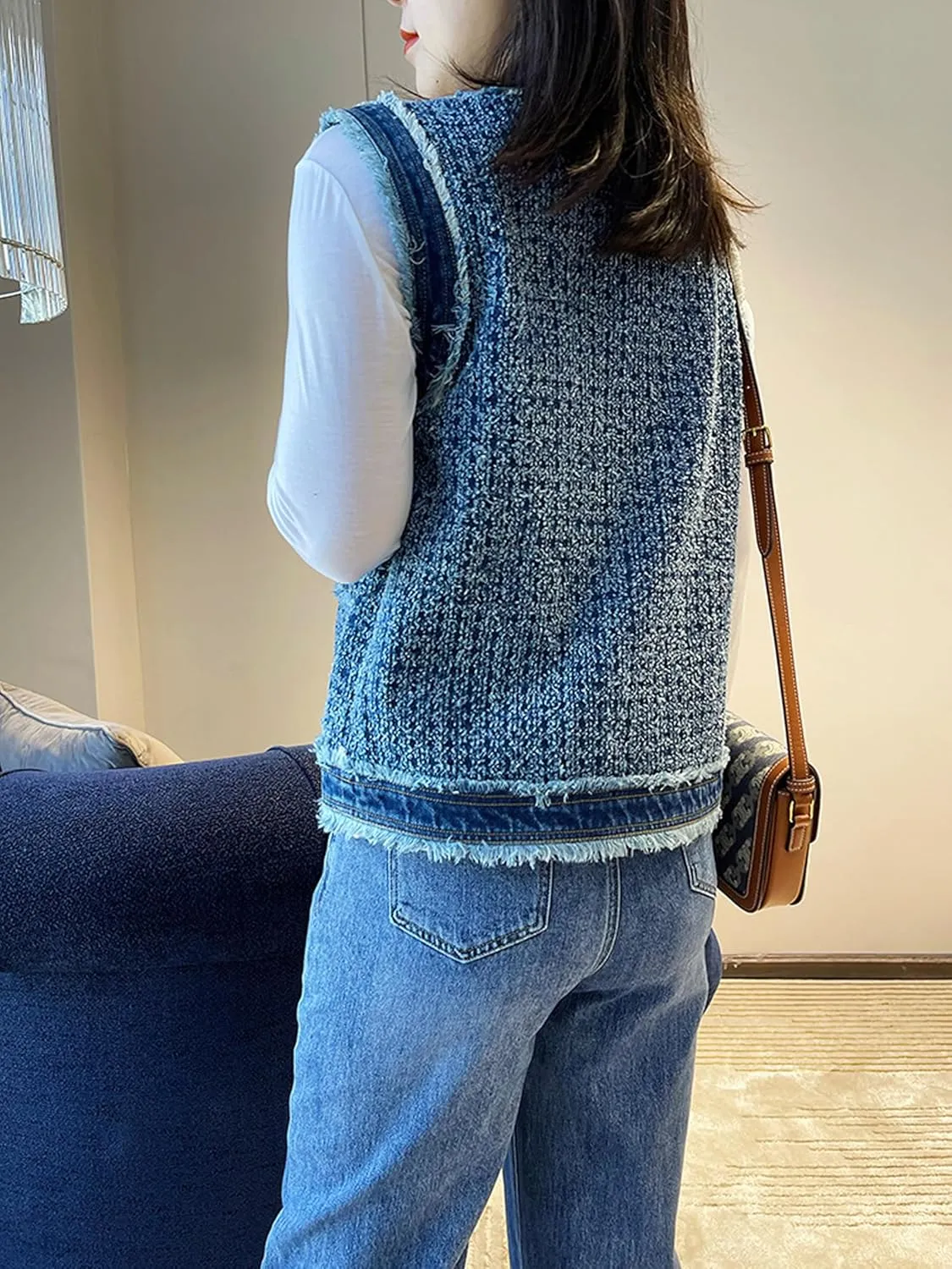 Women's Retro Hook Flower Fur Edge Tweed Denim Vest Sleeveless Tassel Single-Breasted Denim Jackets With Pockets