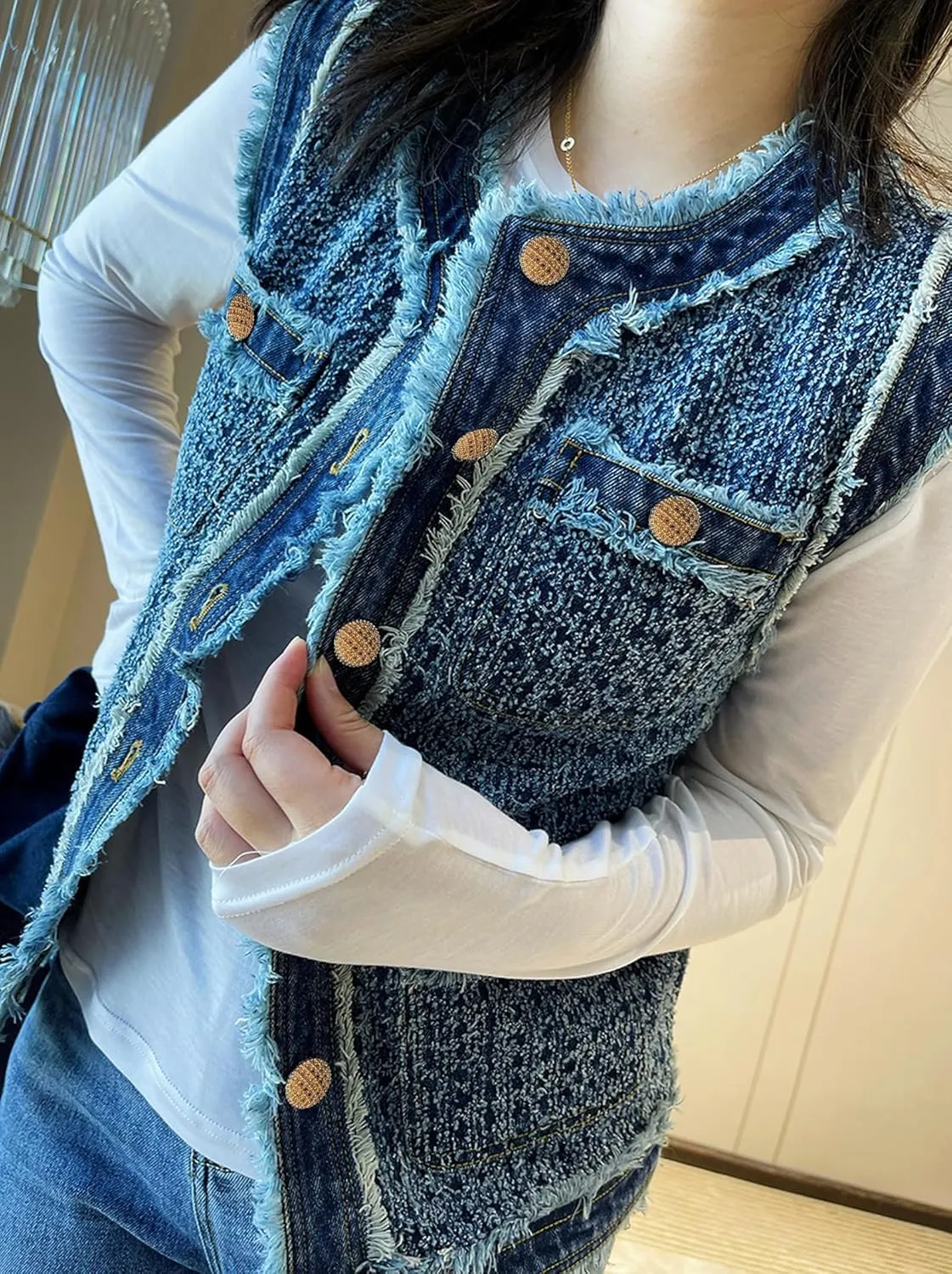 Women's Retro Hook Flower Fur Edge Tweed Denim Vest Sleeveless Tassel Single-Breasted Denim Jackets With Pockets