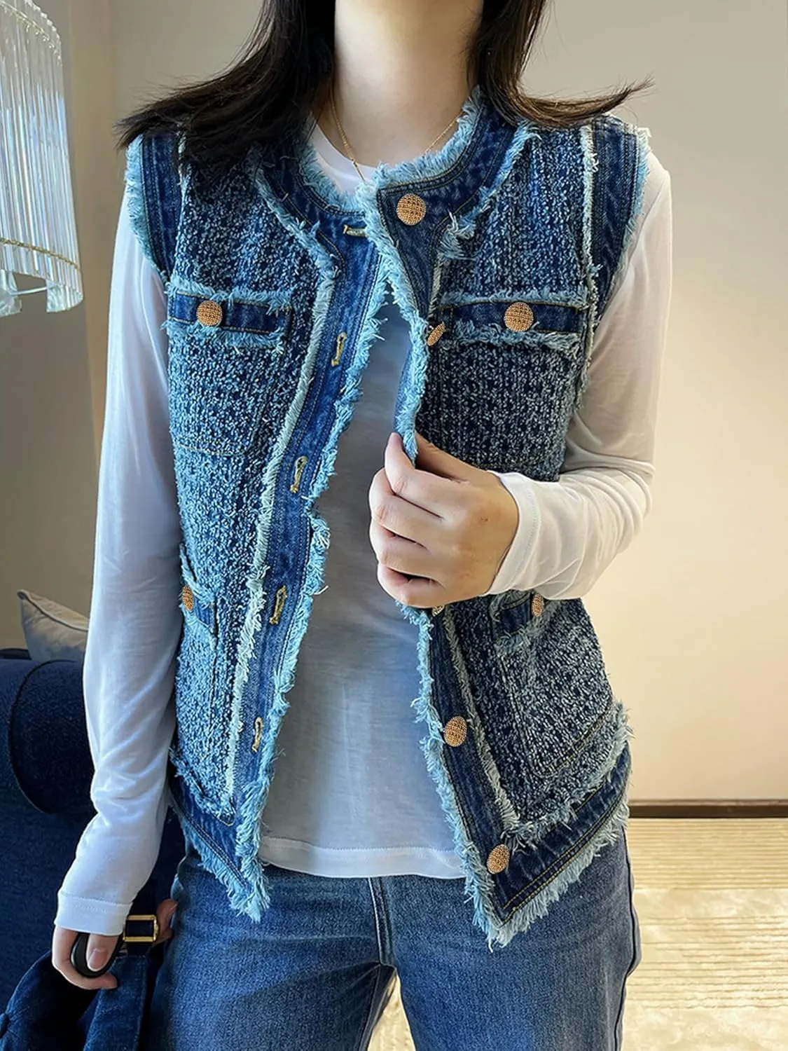 Women's Retro Hook Flower Fur Edge Tweed Denim Vest Sleeveless Tassel Single-Breasted Denim Jackets With Pockets