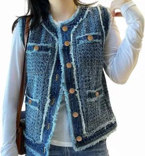 Women's Retro Hook Flower Fur Edge Tweed Denim Vest Sleeveless Tassel Single-Breasted Denim Jackets With Pockets