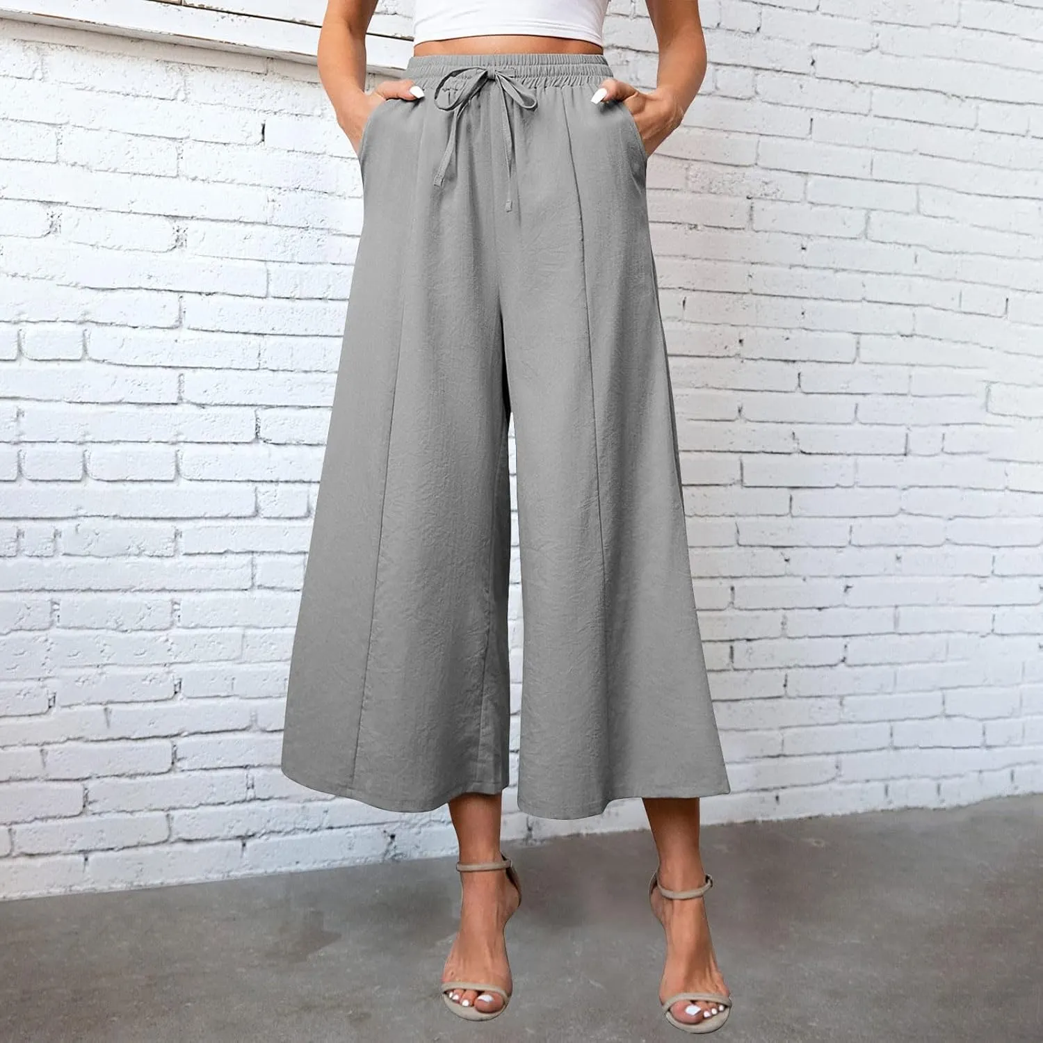 Womens Solid Pants Drawstring Elastic High Waisted Wide Leg Pant Summer Baggy Casual Trousers with Pockets