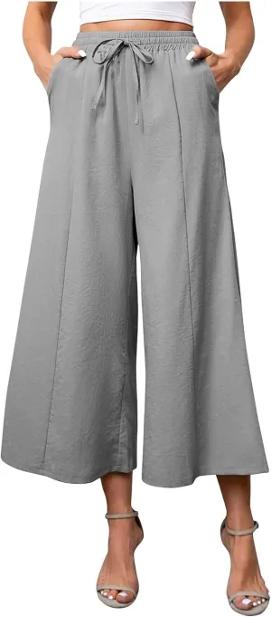 Womens Solid Pants Drawstring Elastic High Waisted Wide Leg Pant Summer Baggy Casual Trousers with Pockets
