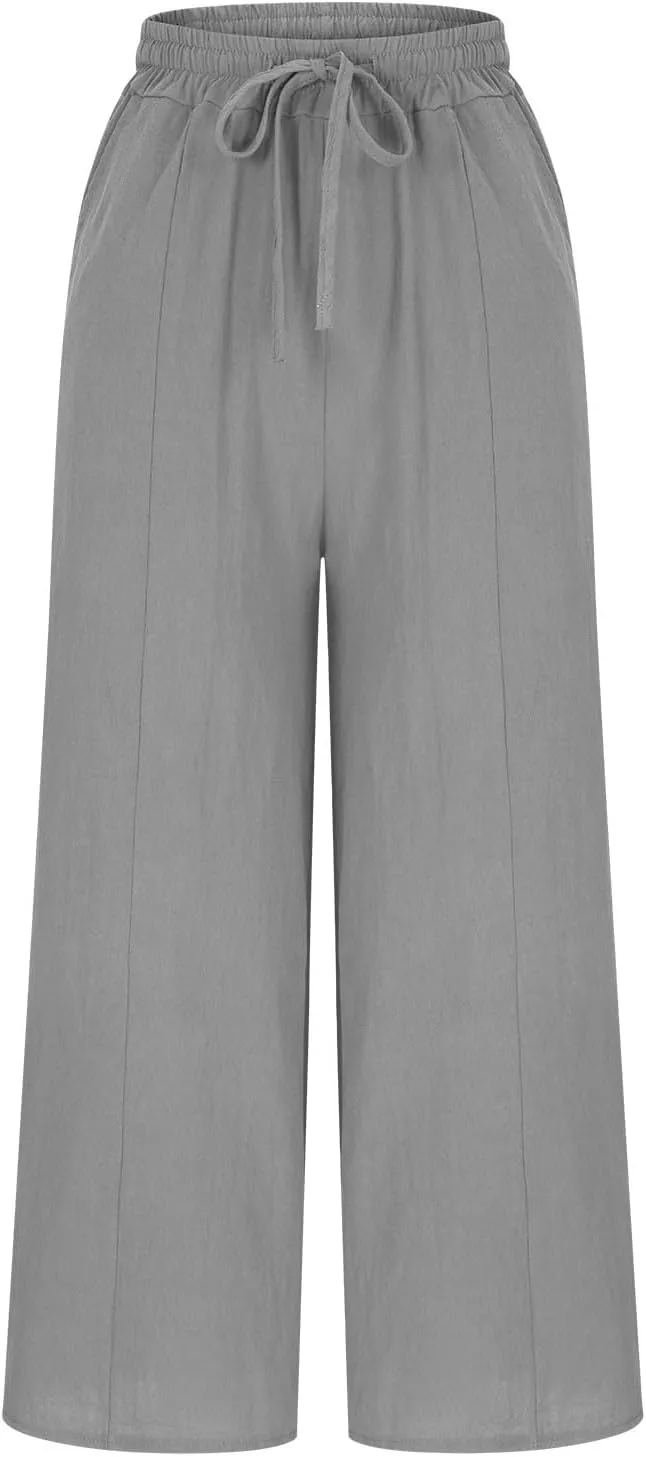 Womens Solid Pants Drawstring Elastic High Waisted Wide Leg Pant Summer Baggy Casual Trousers with Pockets
