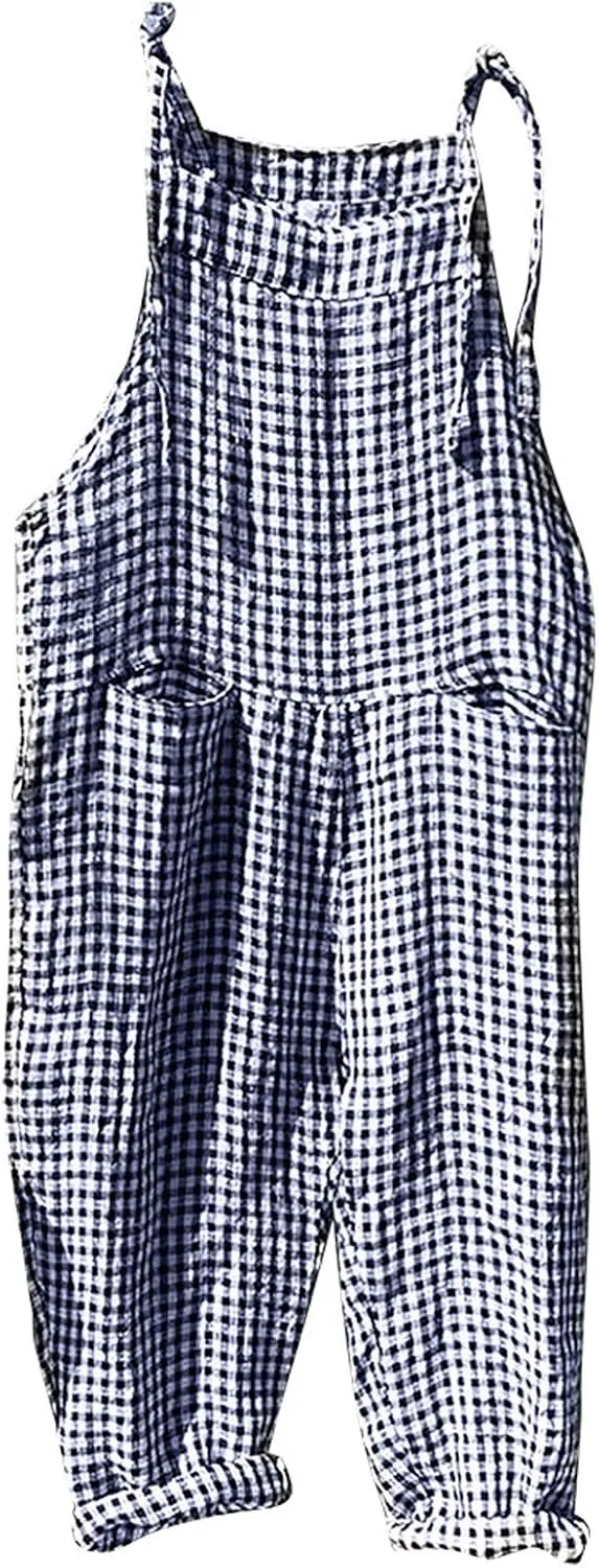Womens Striped Plaid Jumpsuit Summer Overalls Big Pockets Plus Size Baggy Casual Romper 2024 Trend Outdoor Versatile Playsuit